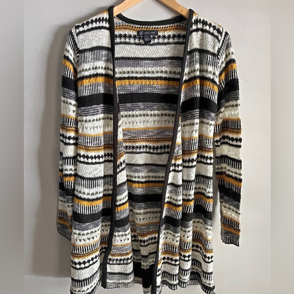 INC International Concepts Fair Isle Geometric Long Cardigan Black Gold Boho L